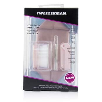 Tweezerman Complexion Prep To Go Set: Spazzola detergente + Strumento per la cura della pelle + Rasoio pieghevole + Borsa da viaggio