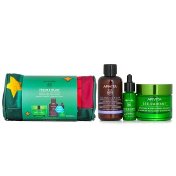 Apivita Set regalo Fresh & Glow (Bee Radiant- Night): gel notte-balsamo 50 ml + siero 10 ml + schiuma cremosa detergente 75 ml + sacchetto