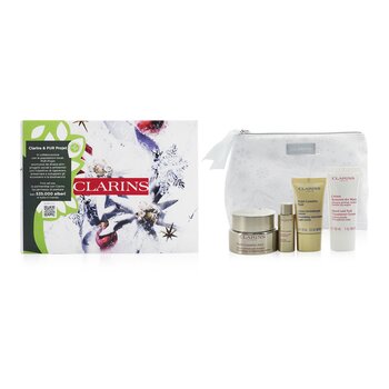 Clarins Collezione Nutri-Lumiere: Crema Giorno 50ml+ Crema Notte 15ml+ Essenza Trattamento 10ml+ Crema Trattamento Mani e Unghie 30ml+ Sacchetto