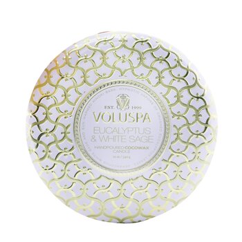 Voluspa Candela decorativa in latta con 3 stoppini - Eucalipto e salvia bianca