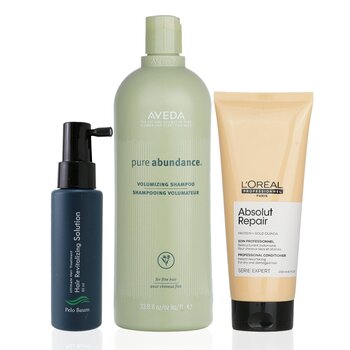 Soluzione rivitalizzante per capelli Pelo Baum 60ml + Shampoo volumizzante Aveda 1000ml + Balsamo resurfacing L'Oreal 200ml